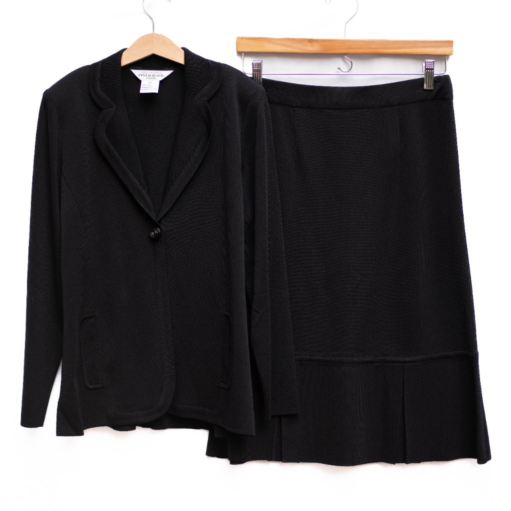 Misook Petite Xs Black Knit Skirt Suit 2 Pc One Button Blazer Goth Minimalist